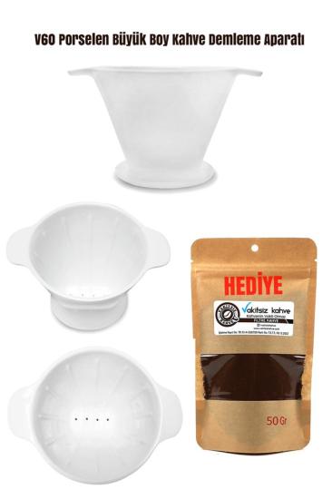 V60 Porselen Büyük Boy Kahve Demleme Aparatı + 50G FİLTRE KAHVE